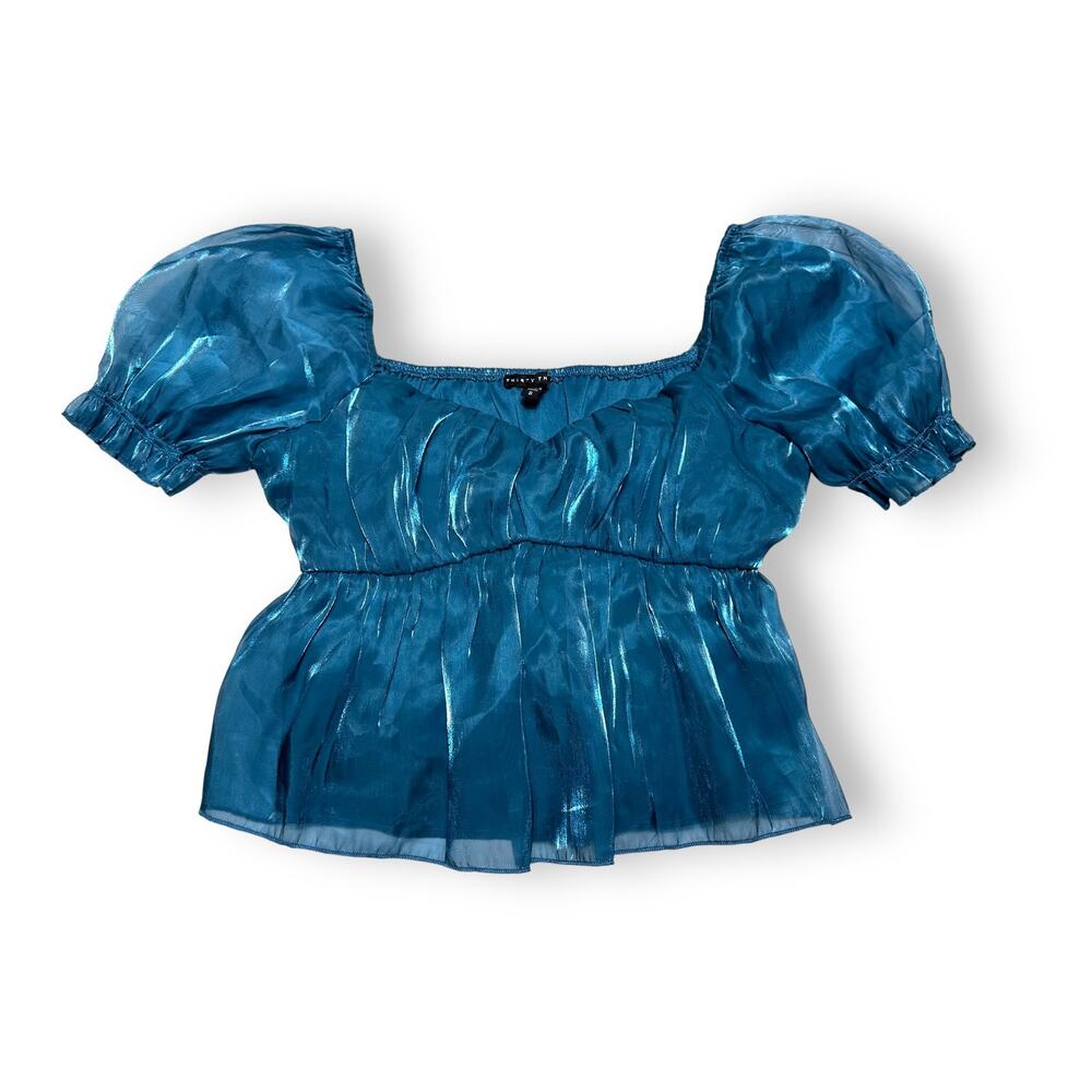 Thirty Thirty Teal Iridescents Square Neck Peplum Puff Sleeve Top Size Small